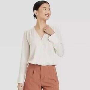 A New Day Elegant Satin Wrap Cream Long Sleeve Top Office Career Size XL